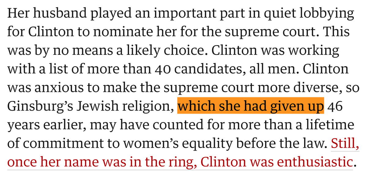 The Guardian's RBG obituary also claims, without evidence because none exists, that her being Jewish "may have counted for more than a lifetime of commitment to women’s equality before the law" in her getting appointed to the Supreme Court. This is just crazy stuff.