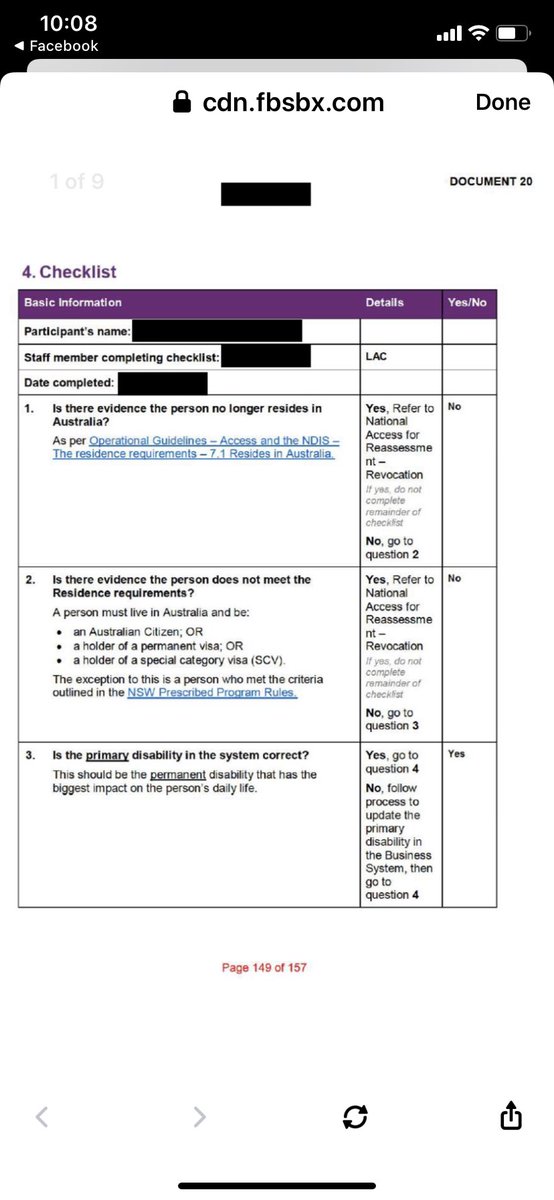 There are a bunch of people trying to silence me and other disabled people but WE NEED TO TALK ABOUT THIS. Sent to me by others - a recently developed  #NDIS  #lac checklist which proves the intent to boot existing participants off the scheme. Come on, NDIA. This is a HUGE problem.