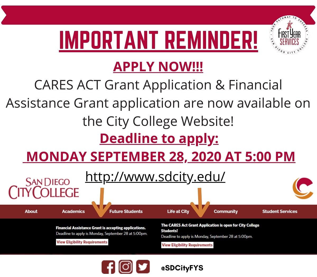 📣📣Important Reminder‼️Please fill out the CARES ACT GRANT Application or Financial Assistance Grant Application‼ NOW AVAILABLE ON THE SDCITY.EDU WEBSITE!!

DEADLINE:Monday September 28, 2020