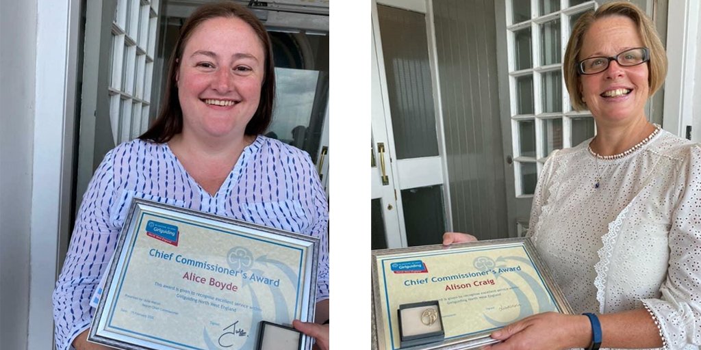 Girlguiding_NWE's tweet photo. A belated but huge congratulations to two of our wonderful #volunteers from @GirlguidingIOM, Alice Boyde and Alison Craig, who have been presented with the Region Chief Commissioner's Award! So very well deserved!🌟 https://t.co/vYA9bF28oa