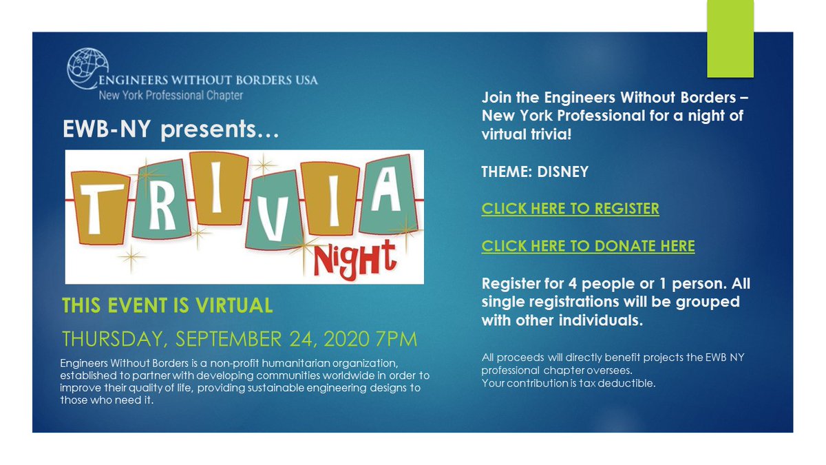 Engineers Without Borders –
New York Professional for a night of virtual trivia!
THEME: DISNEY
Register for 4 people or 1 person. 
Register: rb.gy/fy4xyf
Donate: rb.gy/pykeuw 

#ewbny #trivia #causes