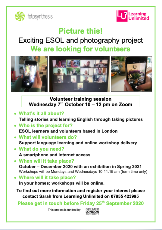 FotosynthesisUK's tweet image. Looking for #volunteers fluent English/native English speakers in London. Training provided. No experience needed for 'Picture this!', a free English (#ESOL) and photography course for adults (19+) living in London. @LearningUnlimited  @GLA

#learningthroughphotography