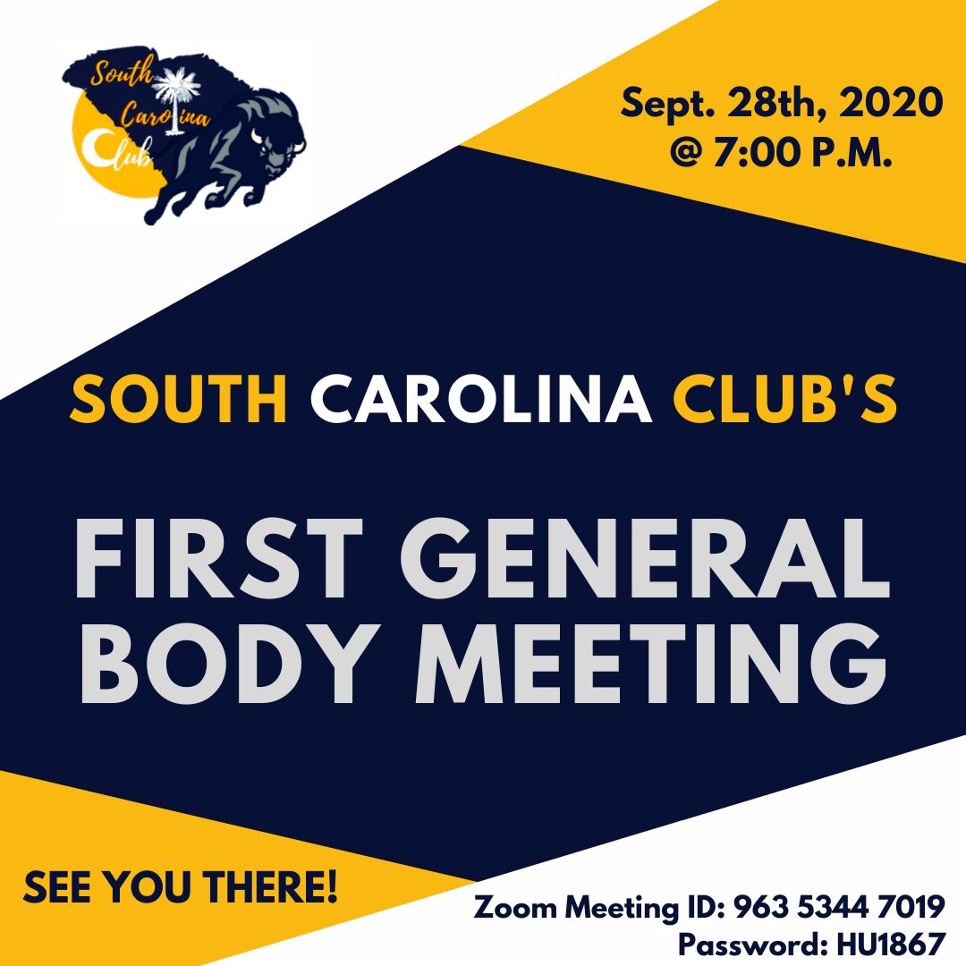 A week from today SC Club will host our 1st GBM of the year🗣💛💙 Hope to see every SC Bison at 7 PM on September 28th. Please join the club GroupMe to keep up with updates and follow us on IG. Both links can be found at the link in our bio! Looking forward to a great year! 🎉🎉
