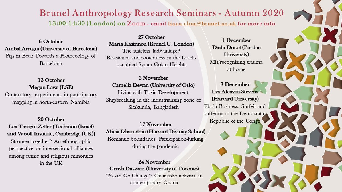 LAHeslop's tweet photo. Great set of presenters for @BrunelAnth 's Research Seminars this autumn, incl: @Cameliadewan, @girishdaswani, @dadadocot &amp; @meganjlaws. Chaired by @liana_chua . #not2bmissed #anthropology @Bruneluni https://t.co/91JET6DOQu