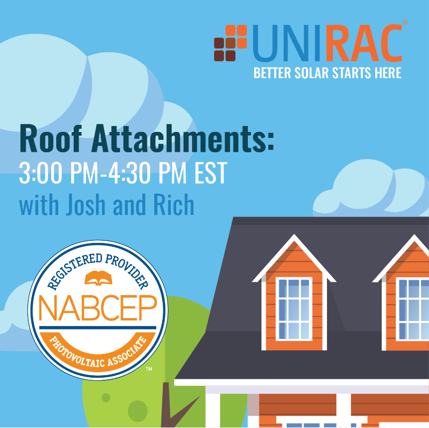 Unirac's tweet photo. Join us today at 3:00 PM EST for a #NABCEP course on Roof Attachments where you will learn the key functions of an attachment and much more! #solarcourse #solar #notjustrail #bettersolarstartshere #unirac https://t.co/Lo2kkuhJtB https://t.co/V77e7WFWtG