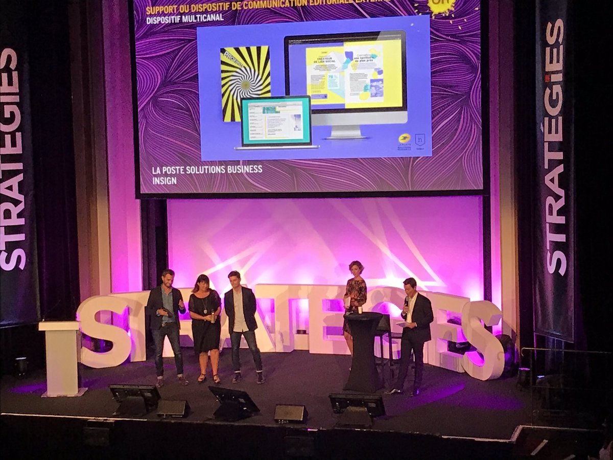 Agence_Insign's tweet photo. C’est un prix en OR aux grands prix @strategies pour le dispositif de Communication éditoriale externe/ Multicanal: @LaPosteBusiness et  @Agence_Insign pour la réalisation « Le Mag Solutions Business »75% des clients le lisent chaque mois et + l’apprécient selon @celine_baumann https://t.co/s6lhikrvPC