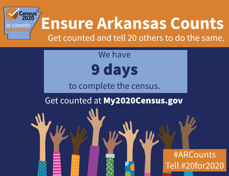 ar_census's tweet photo. With less than two weeks to MOVE THE COUNT for the #2020Census, let's finish strong! Retweet this and tag 20 people, and encourage them to tag 20 other folks. Let's ensure #ARCounts! GET COUNTED AT: https://t.co/lkQcG8jSHr https://t.co/lRh0O7omze