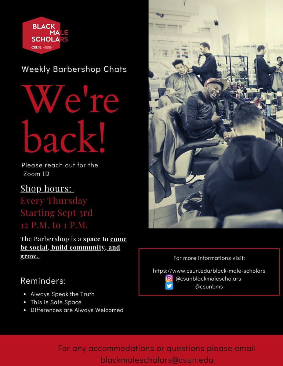 csunbms's tweet photo. Sept 24th!  @csunbms host our weekly Barbershop Talk at Noon (PST). DM for Zoom ID.  Please forward to all interested! 🎓📚👨🏾‍🎓👨🏾‍🏫Photo by CSUN BMS [Image Description: Men talking in Barbershop] #CsunBlackMaleScholars #CSUNBMS #africanamerican #blackhistory https://t.co/gWV24sb3cN