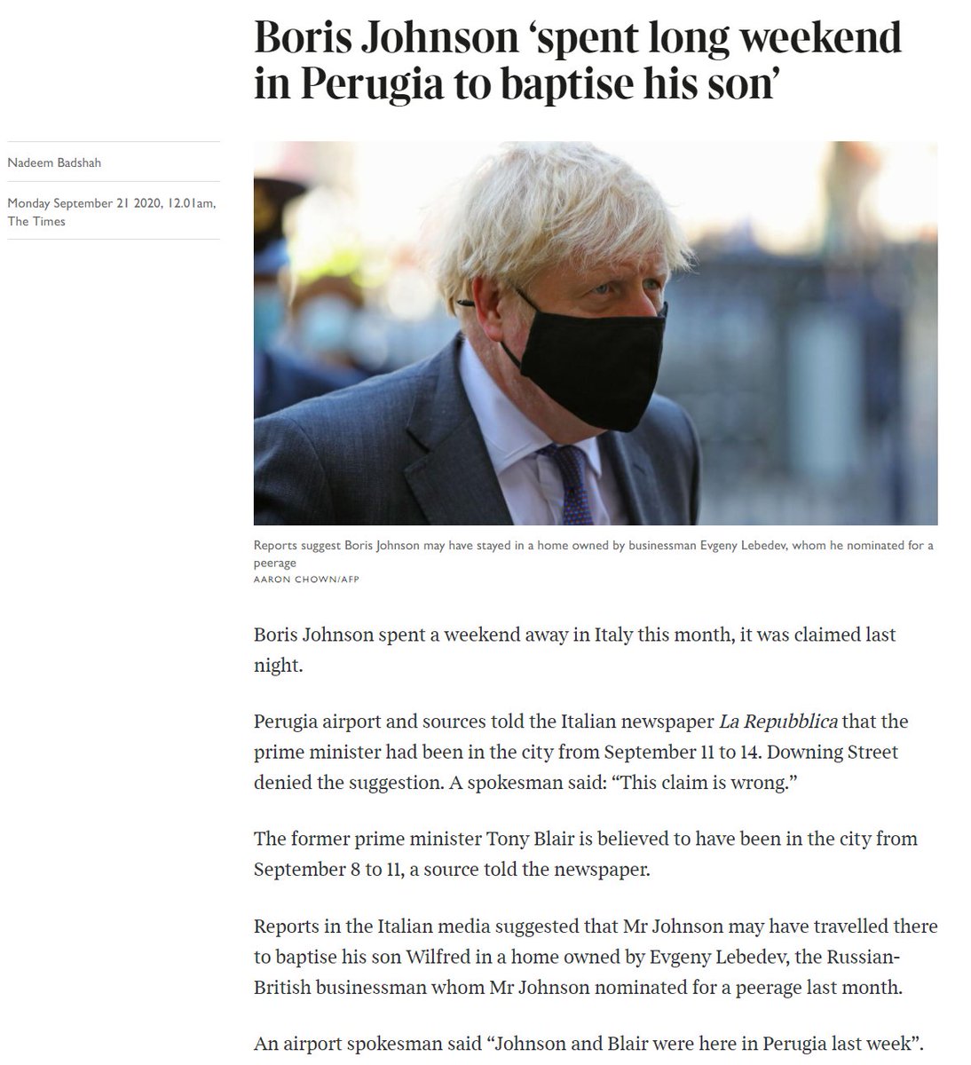 Note also this report from the Times today that puts their timelines in the city as:- Tony Blair Sep 8 - 11- Boris Johnson Sep 11 - 14As well as pointing out the Lebedev connection, which everyone should be keeping a very close eye on.