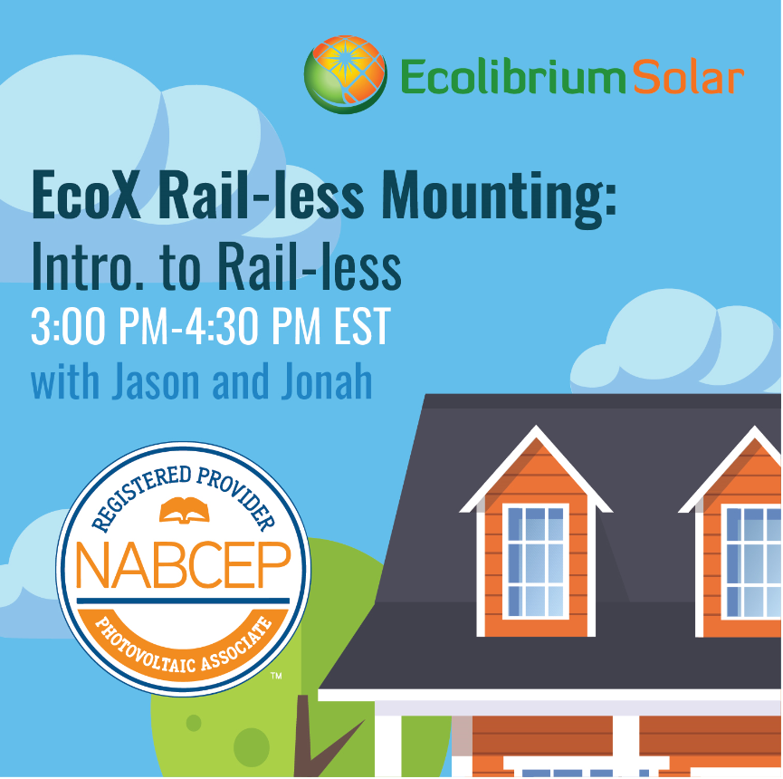 EcolibriumSolar's tweet photo. Don't forget to join the #Ecolibrium booth today at 3:00 EST for EcoX Rail-less mounting: Intro. to Rail-less with Jason and Jonah. #solar #solarcourses https://t.co/7PacvvuODG https://t.co/bjPih85uMp