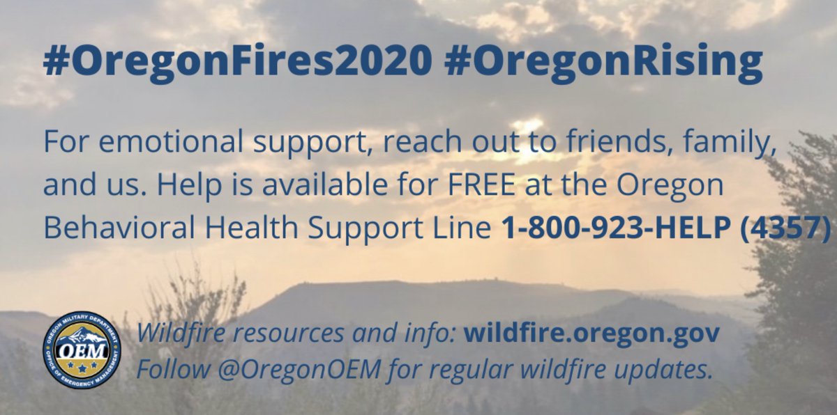 OregonOEM's tweet image. The emotional toll from the #OregonFires2020 #ORIncendios2020 is real. 
Help of all kinds is available at wildfire.oregon.gov.  For emotional help, FREE &amp;amp; confidential -   1-800-923-HELP (4357). Para asistencia, llame: 1-800-923-4357 #OregonRising