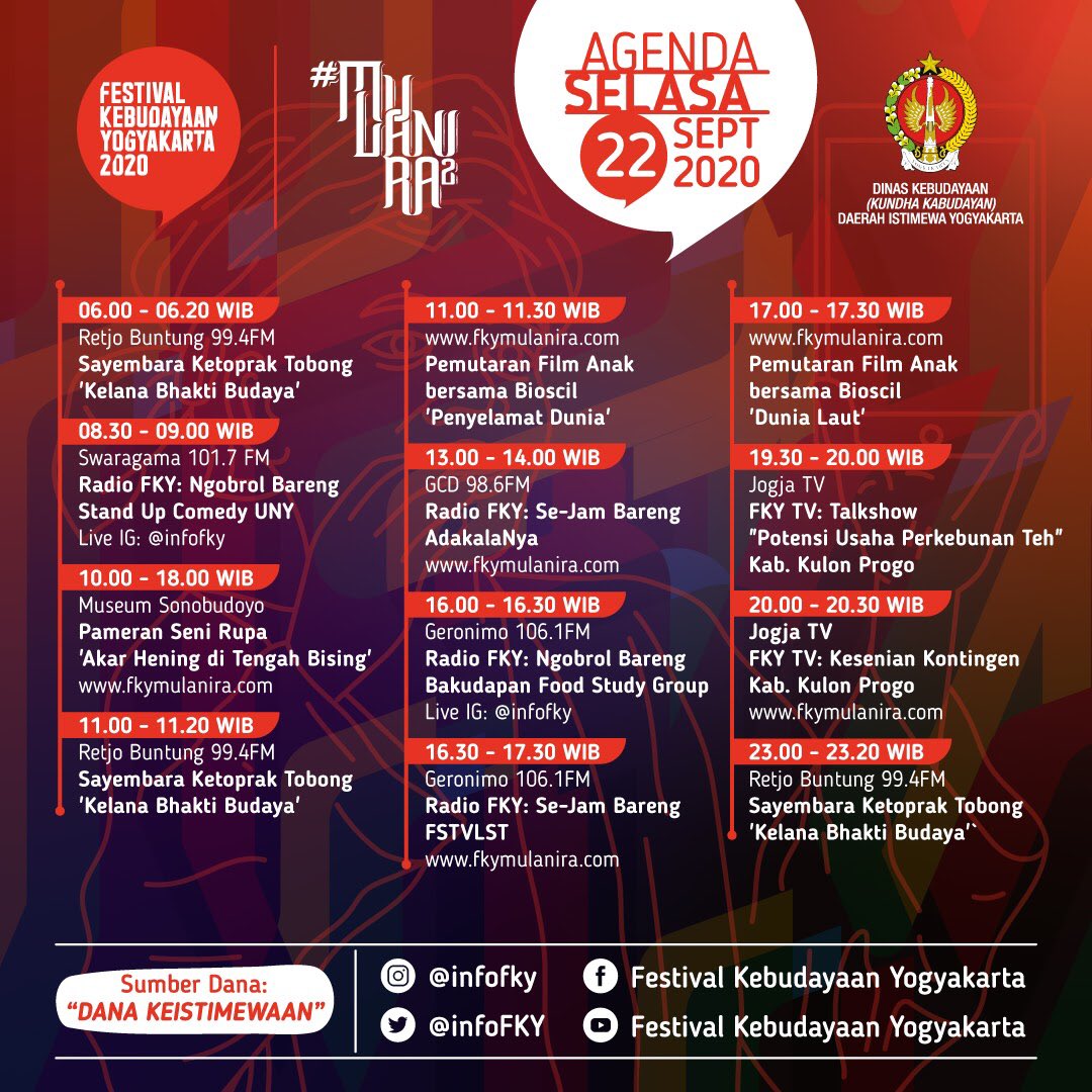 Agenda Hari ke-2 #FKY2020 #MULANIRA2

Selasa, 22 September 2020.

Simak &amp; jgn sampai terlewatkan!
Mulai dari pagi pkl 06.00 WIB ya, SoBud..

⁣⁣⁣————————————⁣⁣⁣⁣⁣⁣⁣⁣

#FKY2020 #MULANIRA2
21-26 September 2020
fkymulanira.com