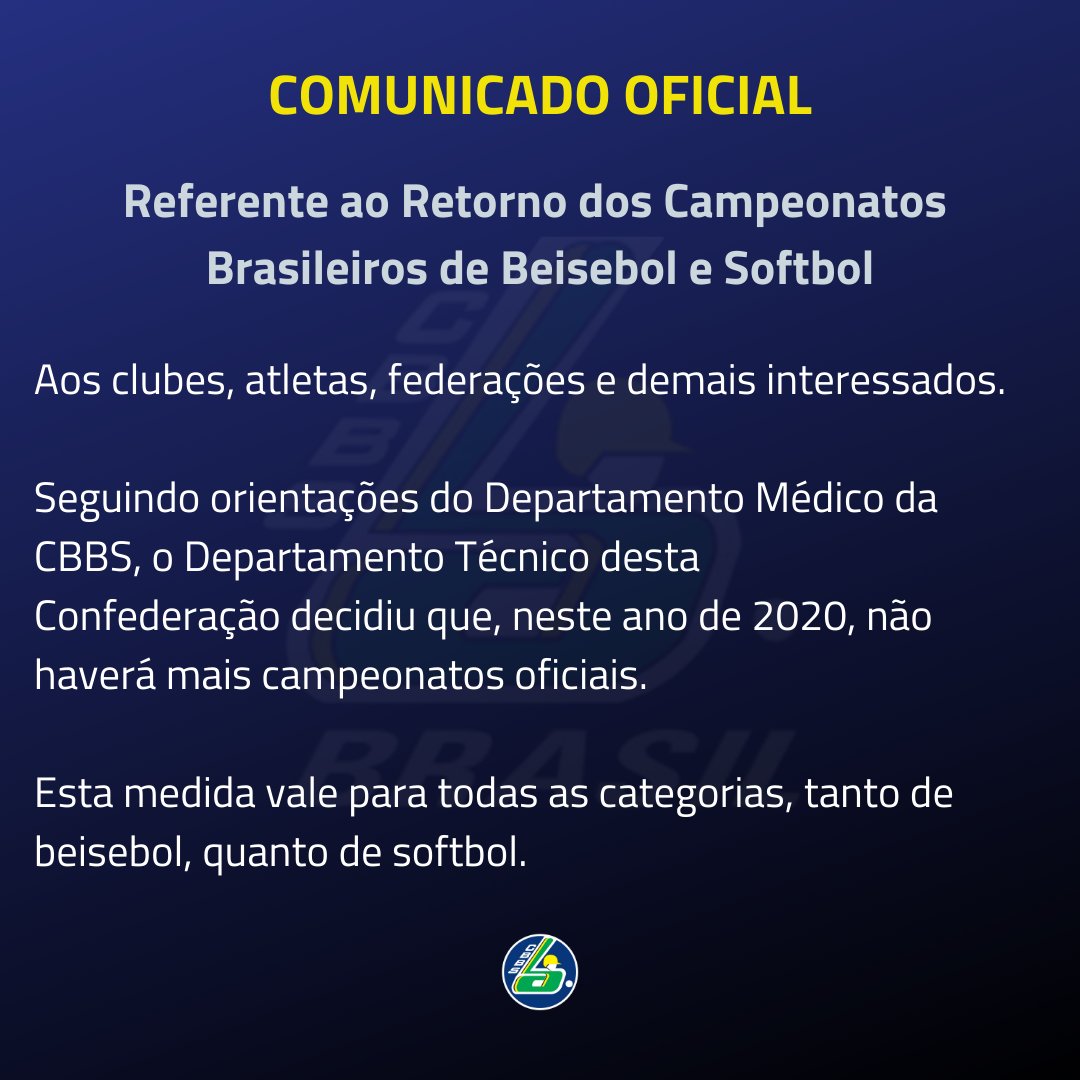 timebrasil_cbbs's tweet photo. Comunicado Oficial: Referente ao Retorno dos Campeonatos Brasileiros de Beisebol e Softbol

#CBBS #Beisebol #Baseball #Beisbol #Softball #Softbol https://t.co/LyhgGnq9mS