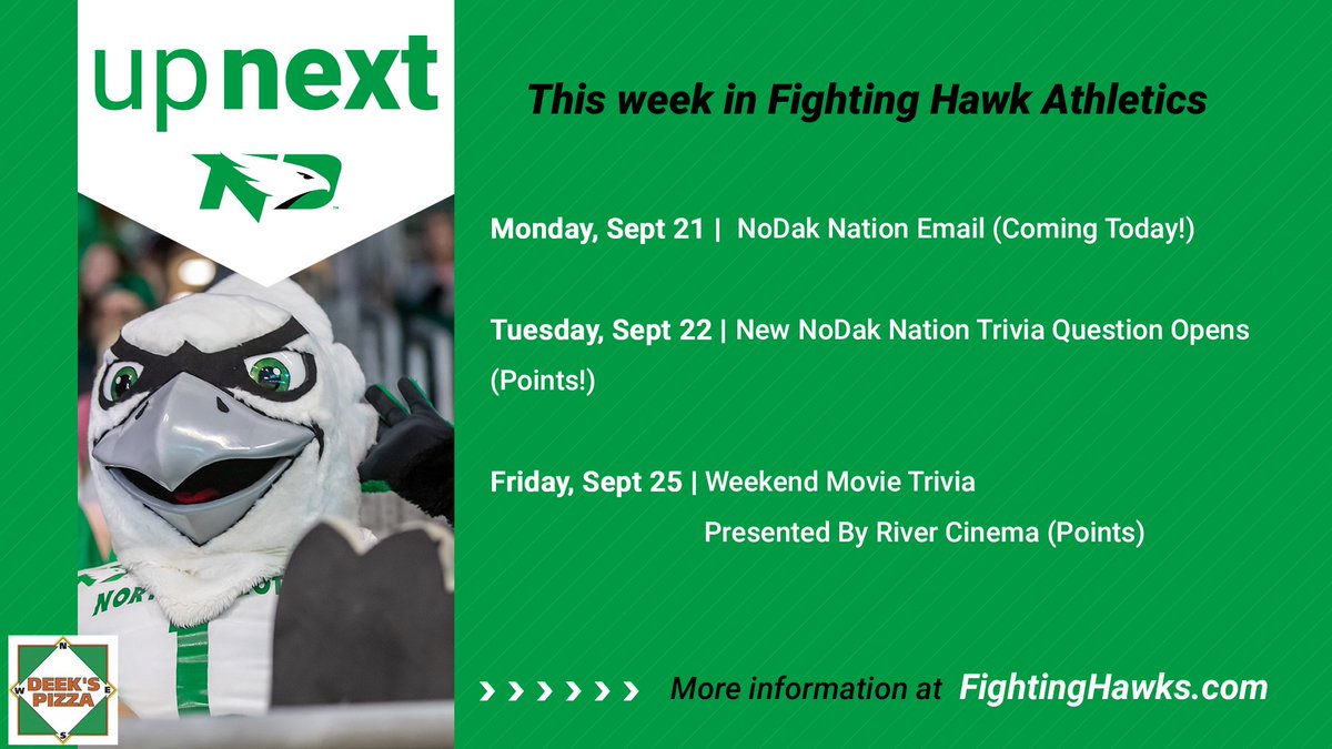 This week in Fighting Hawk Athletics ⬇️

+ Your first NoDak Nation email is coming today with info on NoDak Nation membership and access to your Green &amp; White Account!
