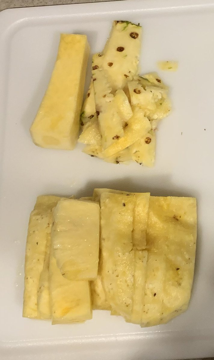 Later, the carcass is fabricated, or cut into retail cuts. During this process, excess fat is trimmed and bones are removed (unless cutting bone-in steaks and roasts, then some bones remain)Likewise, spots are removed from the pineapple and the core is taken out.