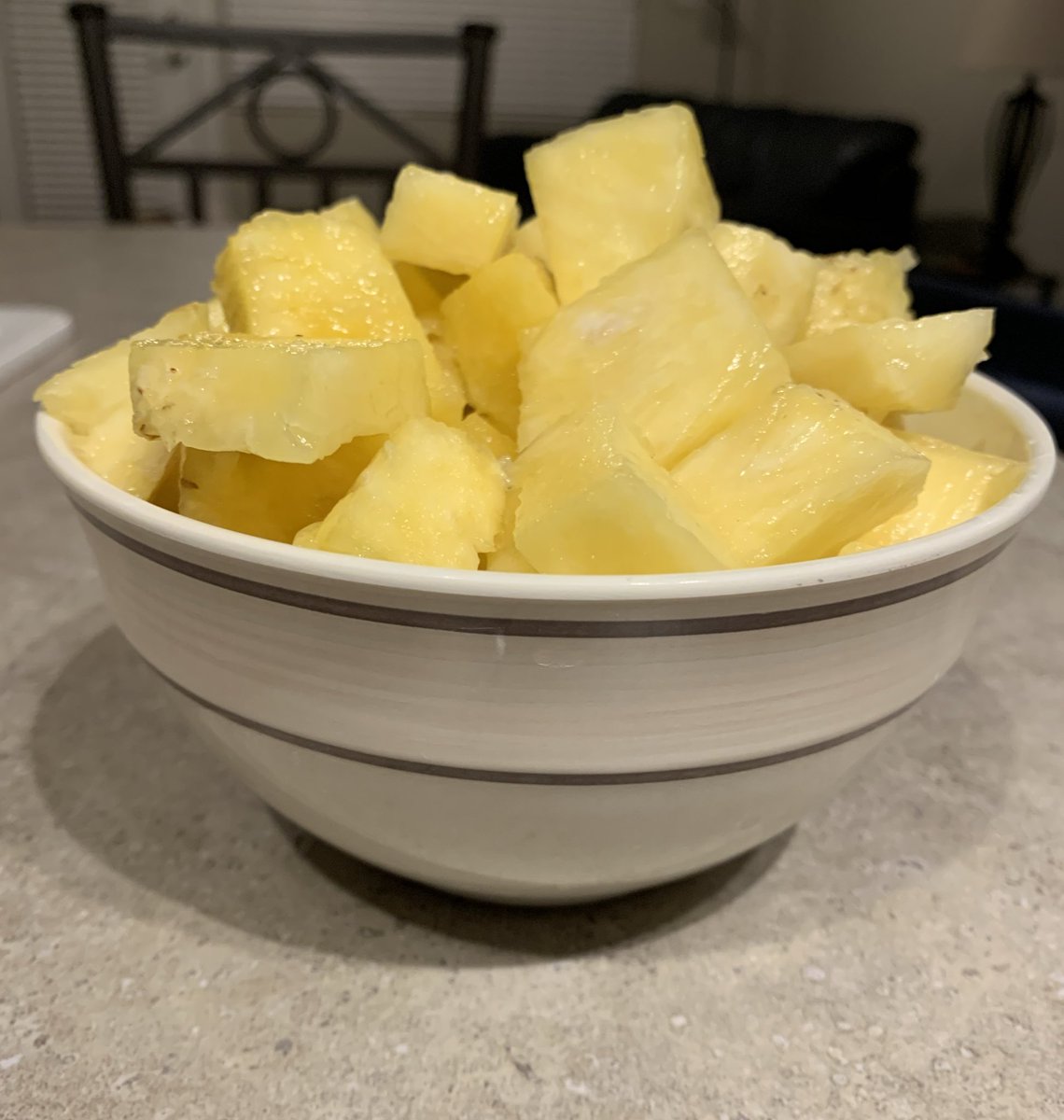 The product that is left is the yield, or the boneless, closely trimmed, retail cuts. Aka the edible product that can actually be purchased and consumed. In this case, our yield is a bowl of pineapple. For a beef animal it would be in the form of steaks and roasts.