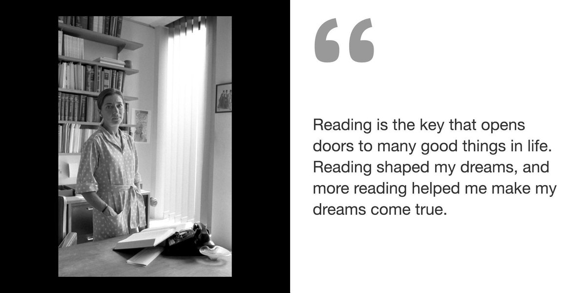 Photo from 1977 of Ruth Bader Ginsburg and quote, Reading is the key that opens doors to many good things in life. Reading shaped my dreams, and more reading helped me make my dreams come true.