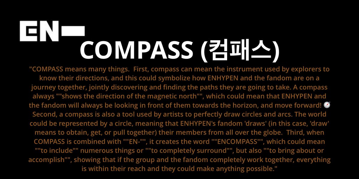 [ #ENHYPEN FAN CLUB NAME SUBMISSIONS THREAD]Here are 4 of the names you guys submitted to our tracker!COMPASS (컴패스)COSM-OSDASHE-NOVA @ENHYPEN @ENHYPEN_members #엔하이픈 #ENHYPEN_FandomName