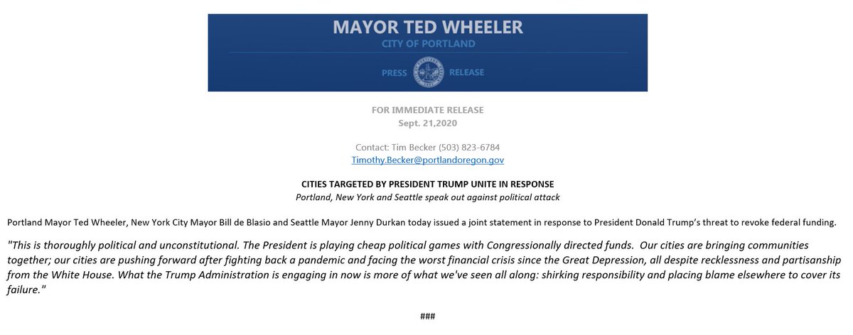 THIS JUST IN: Joint statement from  @tedwheeler,  @MayorJenny, and  @BilldeBlasio, on DOJ identifying Portland, Seattle, and New York, as 'jurisdictions permitting violence' >> "This is thoroughly political and unconstitutional"