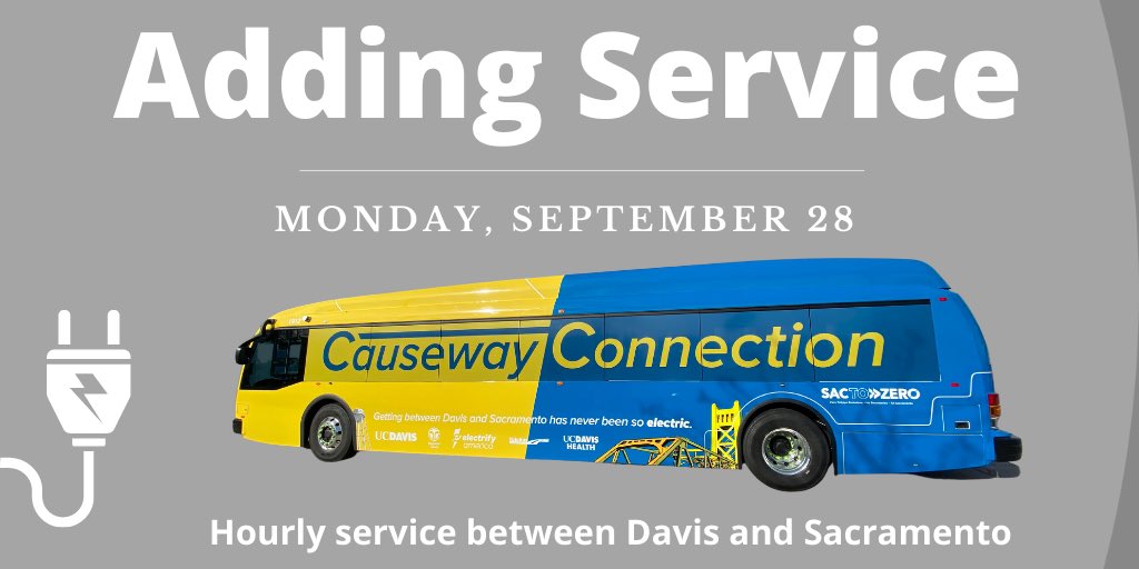 RideSacRT's tweet photo. The Causeway Connection electric bus between Davis and Sacramento is getting additional service starting on Monday, September 28.  The zero emission battery-powered bus service will go to hourly service Monday through Friday.  Learn more at https://t.co/WMXZQWTubJ. #SacToZero https://t.co/4qjDuHkeMW
