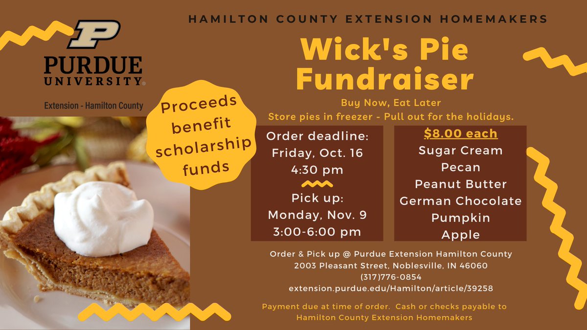 PurdueExtHamCo's tweet photo. Hamilton County Extension Homemakers are having a fundraiser selling the same pies they sell at the county fair each year. All proceeds will go to scholarships. Please choose to get your holiday pies here.
https://t.co/5W9IVJHRce https://t.co/mjDTAbpHxe