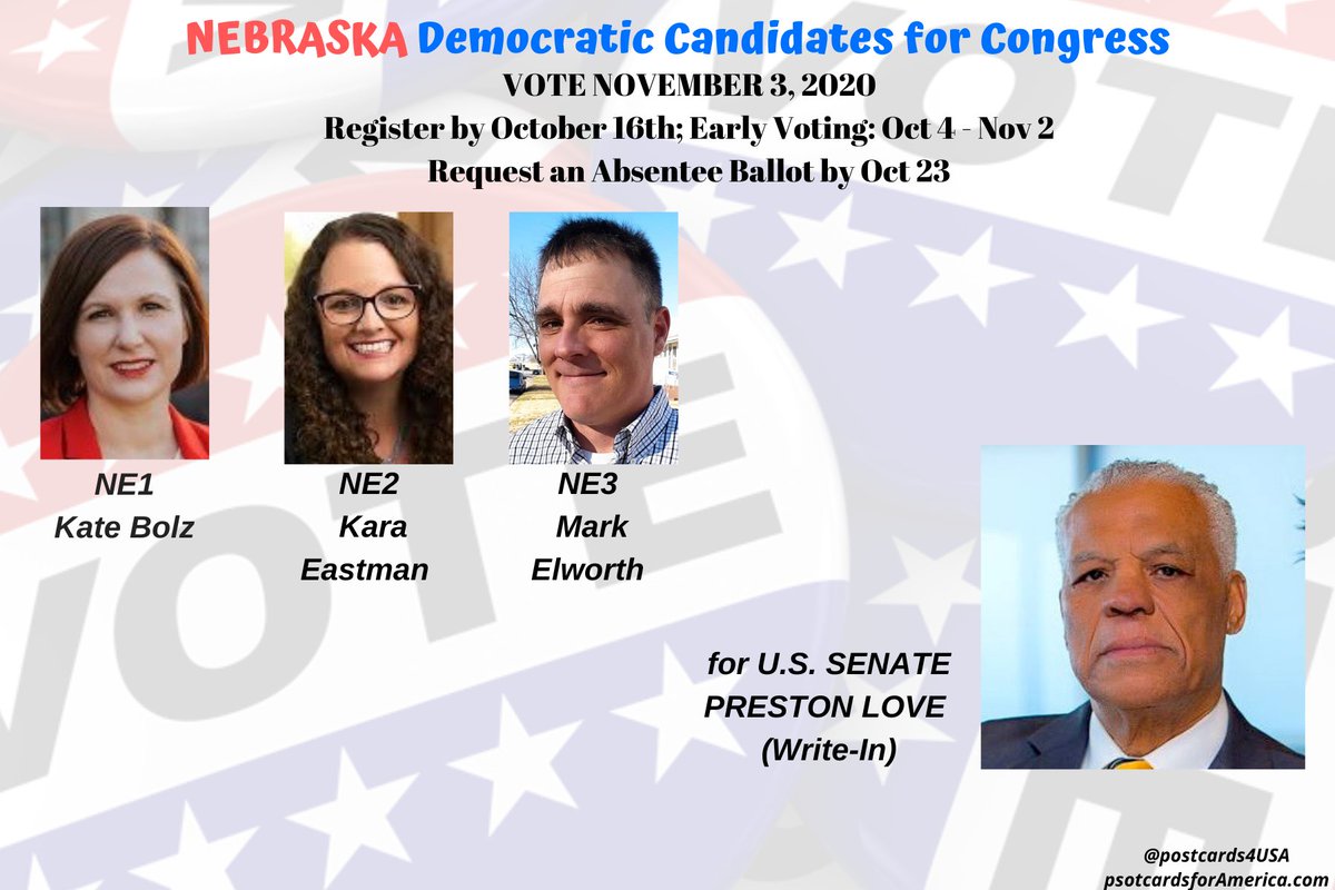 NEBRASKA Democratic Candidates Congress  #NE1  #NE2  #NE3 & SENATEPostcards & links to Follow & Support Twitter THREAD HERE:  https://twitter.com/postcards4USA/status/1304179401706409985Facebook Post HERE  https://www.facebook.com/postcards4USA/posts/3270743623039827GoogleDoc shortlink HERE:  https://pc2a.info/DemCandidatesNE THREAD #PostcardsforAmerica