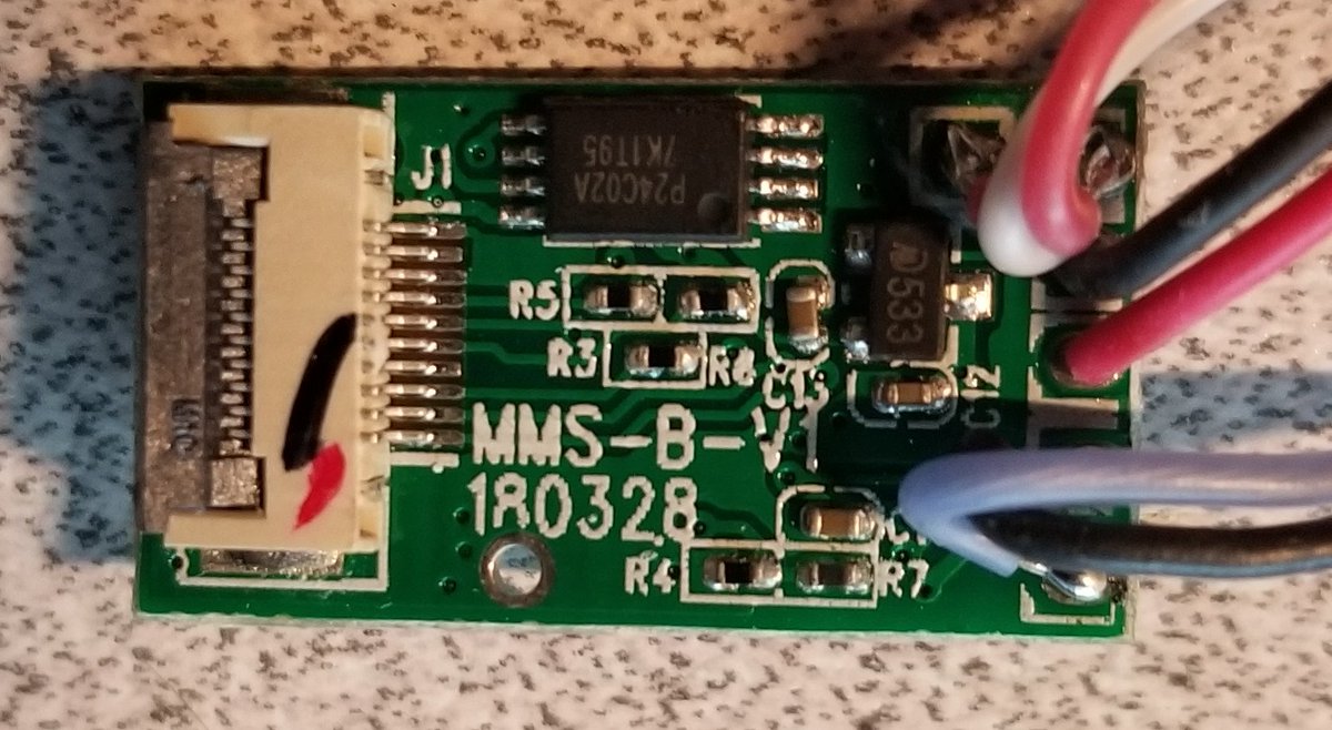 So, the main PCB is here.It's the MMS-B-V1.It's got 6 wires and a ribbon cable coming off it:Ribbon cable goes to button/antenna-board, the wires go to the motor, battery, and USB board.