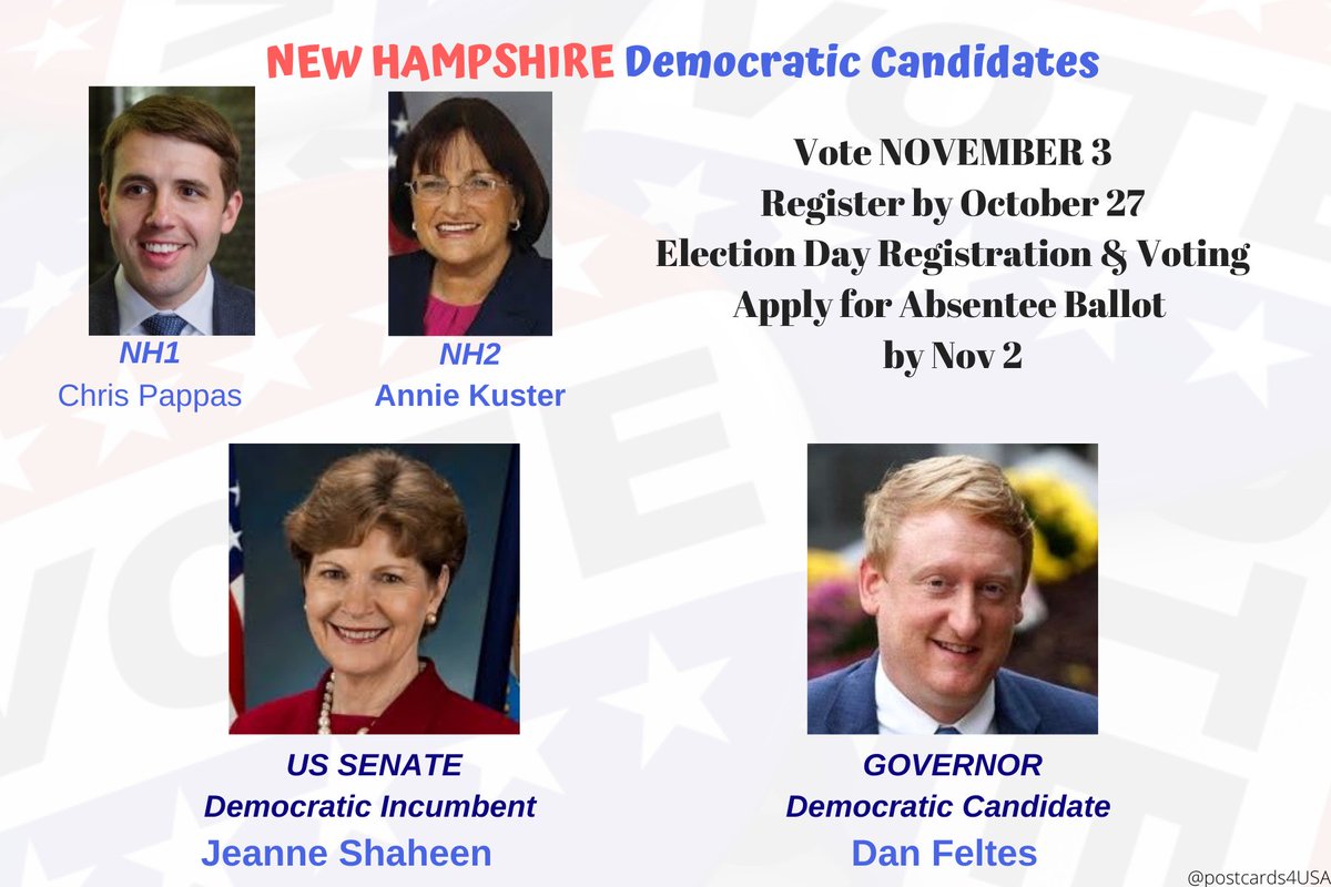 NEW HAMPSHIRE Democratic Candidates #NH1  #NH2 & SENATE & GOVERNORTwitter Thread:  https://twitter.com/postcards4USA/status/1304165409294352384Facebook Post:  https://www.facebook.com/postcards4USA/posts/3270640439716812GoogleDoc Shortlink:  http://pc2a.info/DemCandidatesNH  #PostcardsforAmericaAll 50 States Democratic Candidates here:  https://www.postcardsforamerica.com/all-dem-candidates-postcards-tweets--posts.html