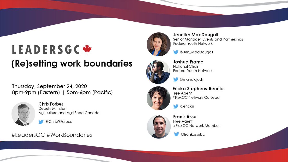 This Thursday, the #LeadersGC team will be joined by <a href="/ChrisWForbes/">Chris Forbes</a> from AAFC, <a href="/mahalojosh/">Josh Frame</a> &amp; <a href="/Jen_MacDougall/">Jennifer MacDougall</a> from <a href="/FYN_RJFF/">FYN_RJFF</a> and <a href="/erickasr/">Ericka S-R</a> &amp; @FrankAssuBC from <a href="/FlexGCInfo/">FlexGC</a> to talk #WorkBoundaries. Won't you #JoinUs at 8 pm ET (5 pm PT)?