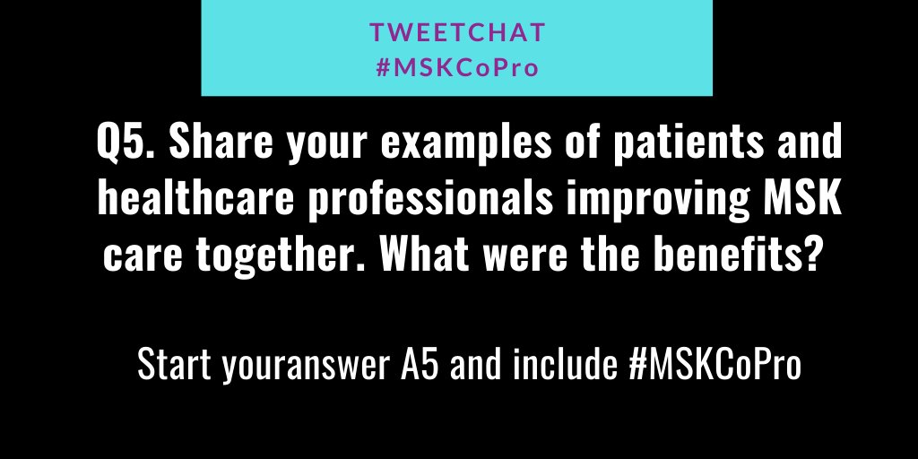 WeAreARMA's tweet photo. Q5. Share your examples of patients and healthcare professionals improving MSK care together. What were the benefits? Start your answer A5 and include #MSKCoPro https://t.co/5DtBV0NY5x