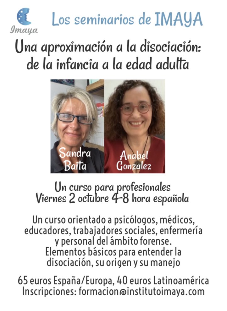 DAnabelGonzalez's tweet photo. Os interesa? Será un seminario de 4 horas, sobre lo básico de cómo se manifiesta la disociación, por qué se genera y cómo se maneja.
Aviso: vamos a hacer un seminario atípico, sin PowerPoint, sin materiales y sin apuntes.
#disociación #disociacion #traumacomplejo #emdr #trauma https://t.co/7dRzSBt3Fd