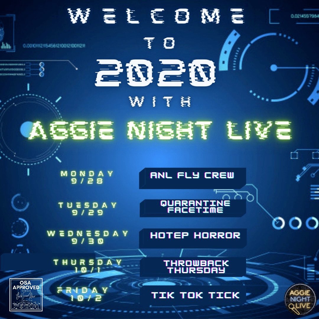 AggieNightLive's tweet photo. We told you to get ready! Great content all week long and you can enjoy it from the comfort of your home. Welcome to 2020 with Aggie Night Live. #NCAT https://t.co/hx1I68YhSD