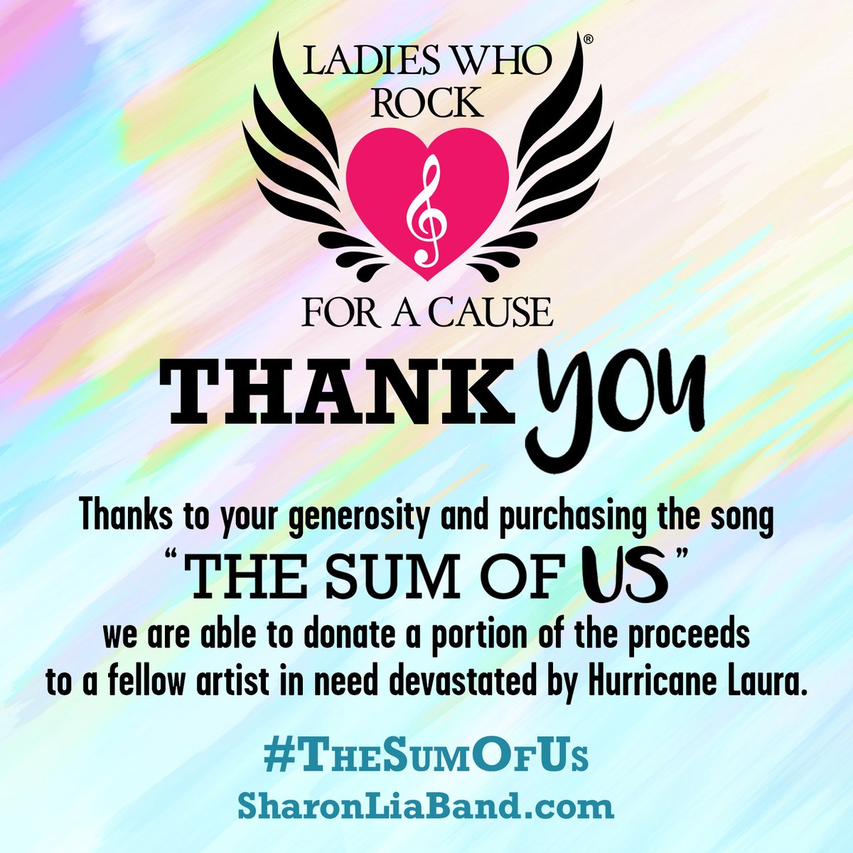 Thanks to your generosity and purchasing #TheSumOfUs, Ladies Who Rock for A Cause was able to donate a portion of the proceeds to a fellow artist in need who was devastated by Hurricane Laura. 🙏