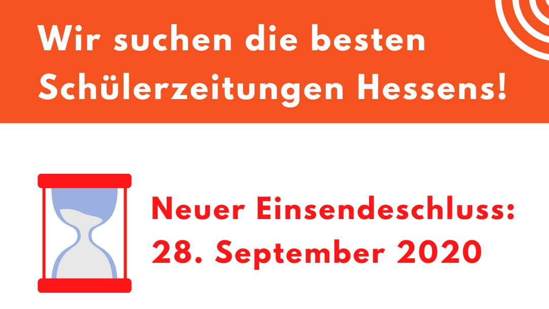 📣Einsendeschluss verlängert: Letzte Chance, um beim Hessischen Schülerzeitungswettbewerb 2020 mitzumachen!

👉Jetzt bewerben unter: szw-hessen.de/einsenden