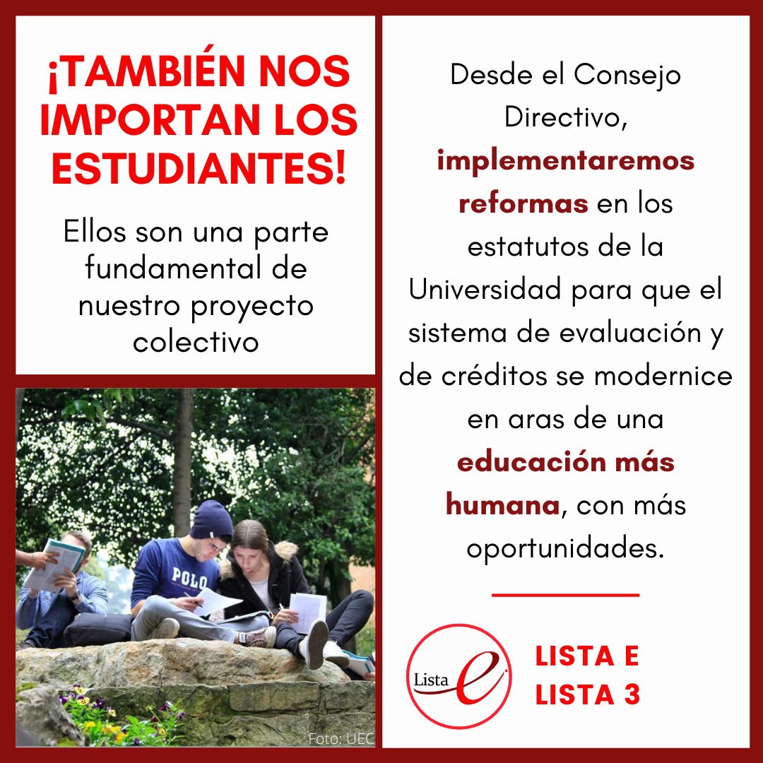 ListaeUec's tweet photo. ¡Los estudiantes son la razón de ser del #Externado! 
Por eso, consideramos esencial reformar varios aspecto de la UEC para que sigamos preparando más profesionales de cara al futuro.

¡Vota por la Lista 3! https://t.co/g6DtszWuad