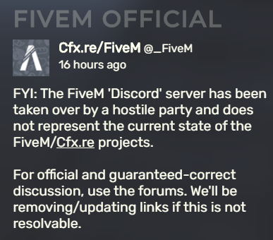 CozyCloudTwo's tweet photo. If FiveM wasn't hacked, explain this post you guys deleted 8 days ago... https://t.co/gCB1qc14lc