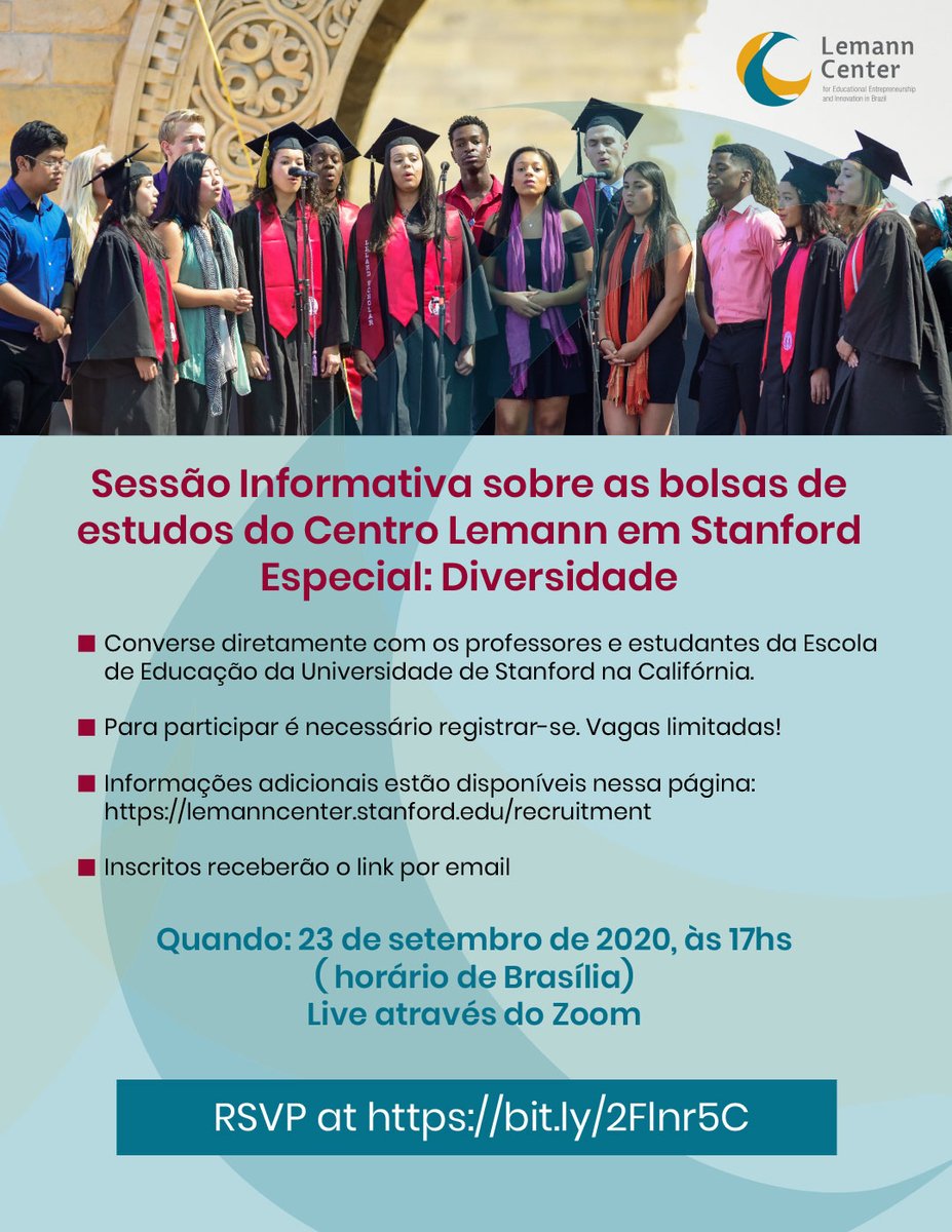 Temos o prazer de anunciar a Sessão Informativa online sobre as bolsas de estudo do Centro Lemann na Universidade de Stanford marcada para a próxima quarta-feira, dia 23 de setembro às 17horas ( horário de Brasília). Inscrições pelo site: lemanncenter.stanford.edu/events/sess%C3…