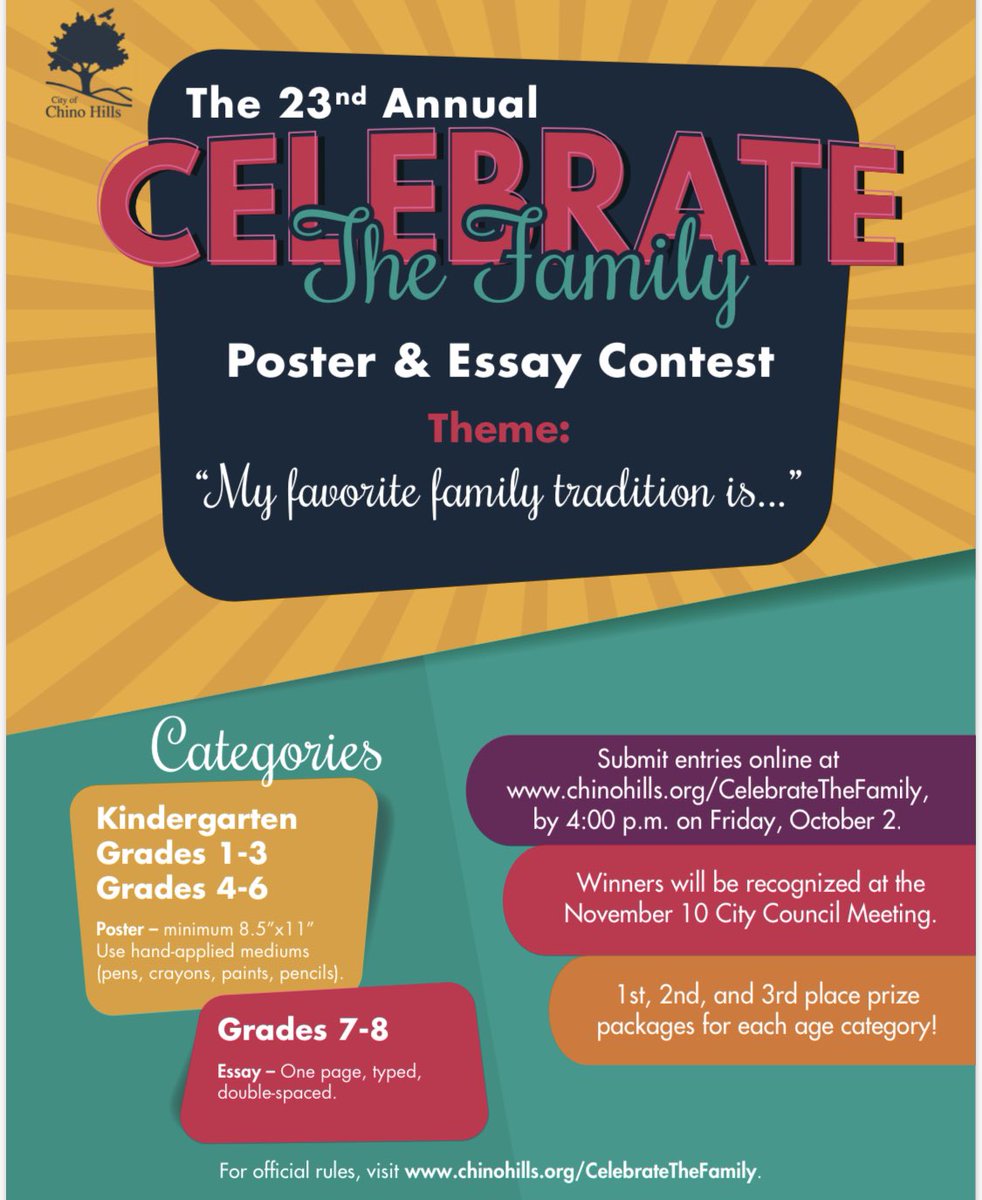 BRERoughRiders's tweet photo. Calling all Rough Rider Families!
🤠 

@Chino_Hills is having their 23rd Annual Celebrate the Family poster and essay contest!

The theme is: “My favorite family tradition is...”

We cannot wait to see your work and celebrate your families! https://t.co/qM0nfOwpnA