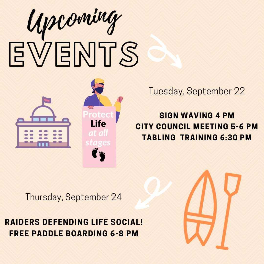 prolifeTTU's tweet photo. details bellow👇

TUES:
4-6 PM
Sign Waving + City Council Meeting
Citizens Tower-1208 14th St.

6:30 PM
Tabling Training 
Austin’s House (dm for address)

THURS:
6-8 PM
Social - FREE Paddle Boarding!!
Canyon Lake Number 6, Lubbock, TX https://t.co/qaJNE0Q9tF