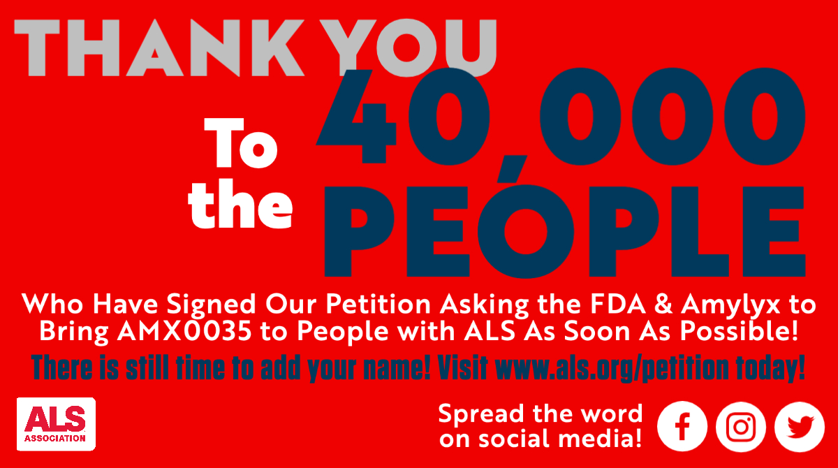 alsassociation's tweet photo. Thank you to everyone who signed the petition! Because of you, we are one step closer to getting #AMX0035 to people living with #ALS. Please spread the word and share this link with three of your friends: https://t.co/fSjdSF7AWr https://t.co/1d8tBWCbuO
