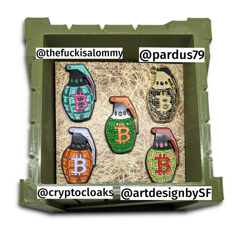 BtcPins's tweet photo. 🚨🚨🚨Grenade Pin Set &amp; Crate🚨🚨🚨

This 5-pin set comes in a 3D printed ammo crate made by @CryptoCloaks! Only 21 of these crates are available &amp; are individually numbered. $85 USD includes shipping worldwide.

https://t.co/WXPS6qOLbx

Pull Pin &amp; Stack Sats!! https://t.co/8O1GymvyNW