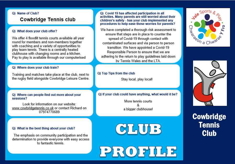 Vale Sports Team||Tim Chwaraeon y Fro (@valesportsteam1) on Twitter photo ⭐Cowbridge Tennis club⭐
Every weekday we're casting a spotlight on our fantastic sports clubs and how they are working to get back to their members - & how you can get involved! Today it's the turn of Cowbridge Tennis Club!
cowbridgetennis.co.uk <a href="/CowbridgeTennis/">Cowbridge Tennis Club</a> ⭐Cowbridge Tennis club⭐
Every weekday we're casting a spotlight on our fantastic sports clubs and how they are working to get back to their members - & how you can get involved! Today it's the turn of Cowbridge Tennis Club!
cowbridgetennis.co.uk <a href="/CowbridgeTennis/">Cowbridge Tennis Club</a>