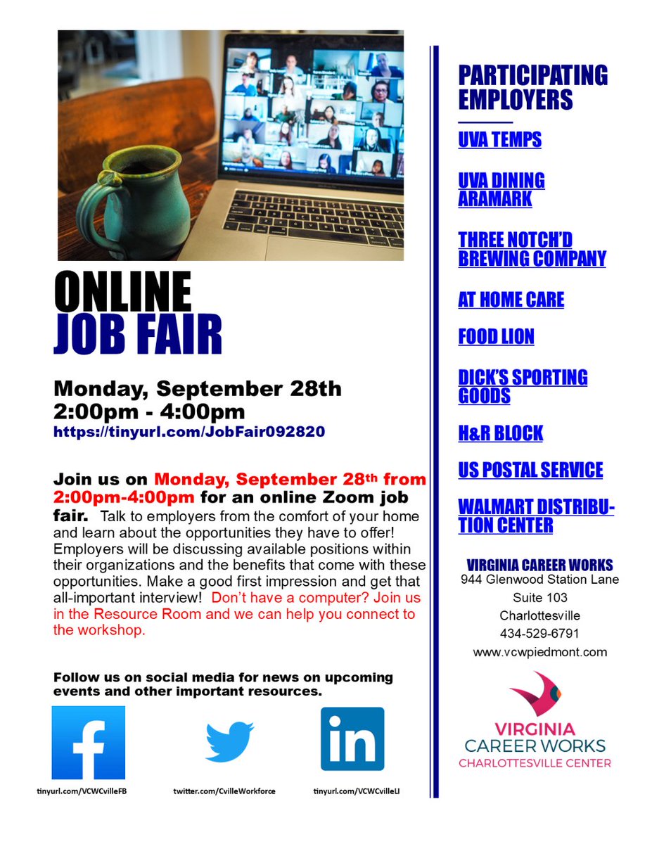VCWPiedmont's tweet photo. Online Job Fair:  Looking for a candidate like you! Monday,  Sept 28th featuring the following employers:  UVA Temps, UVA Dining Aramark, Three Notch'd Brewing Company, At Home Care, Food Lion, Dick's Sporting Goods, H&amp;R Block, US Postal Service and Walmart Distribution Center. https://t.co/uWbIbpSpfm