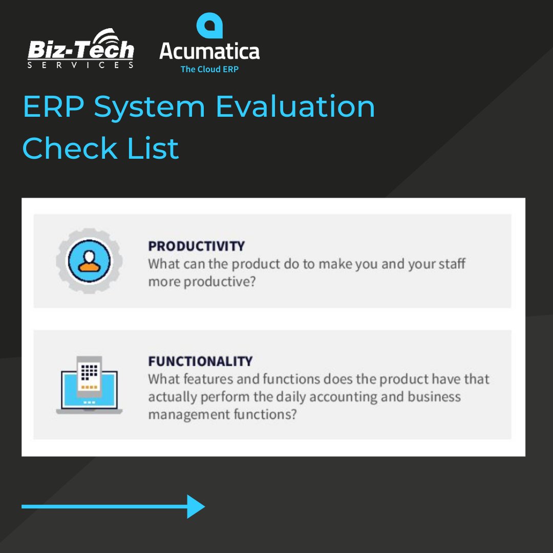 BizTechServices's tweet image. Selecting an #ERP system to run your business can be a daunting decision that will affect your company for many years.
This checklist below can guide you in the right direction:
_ Productivity 
_ Functionality 
_ Technology
_ Value
_ Risk
Biz-Tech can help you decide #ERPSolution