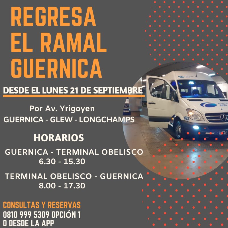 adroguebus's tweet photo. ⬇️⬇️ A partir de hoy regresa el ramal Guernica. 
📲Desde la app podes reservar y seguir el recorrido de la combi
———-
#combis #transporte #zonasur #guernica #glew #longchamps #adroguebus https://t.co/VttIM9OabB