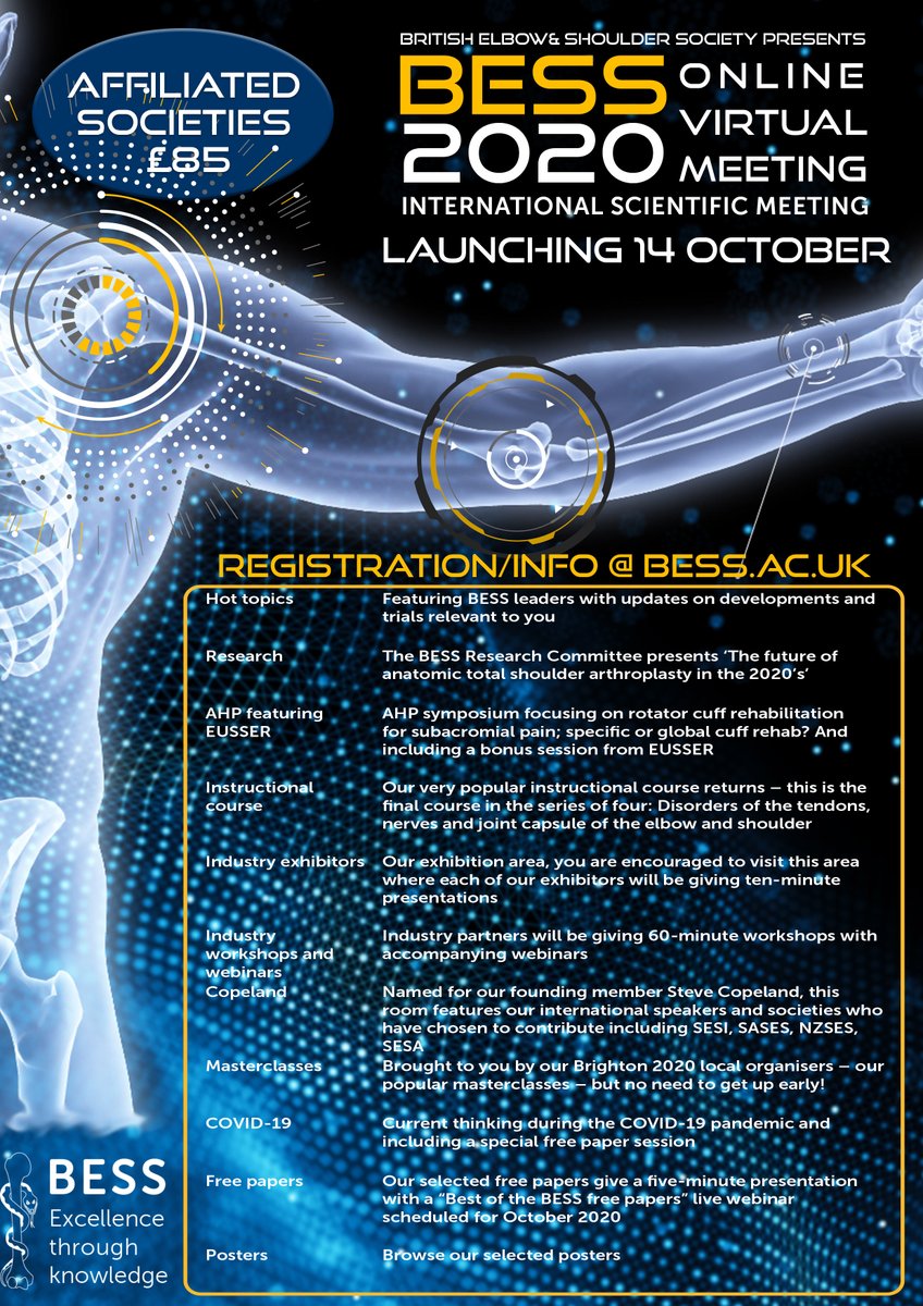 Make sure you register for the BESS online meeting, launching from October 14th! Discount for EUSSER members!

Prerecorded content.
Shoulder and elbow related content for surgeons, physios and allied health professionals.

Register here: bess.ac.uk/953-2/