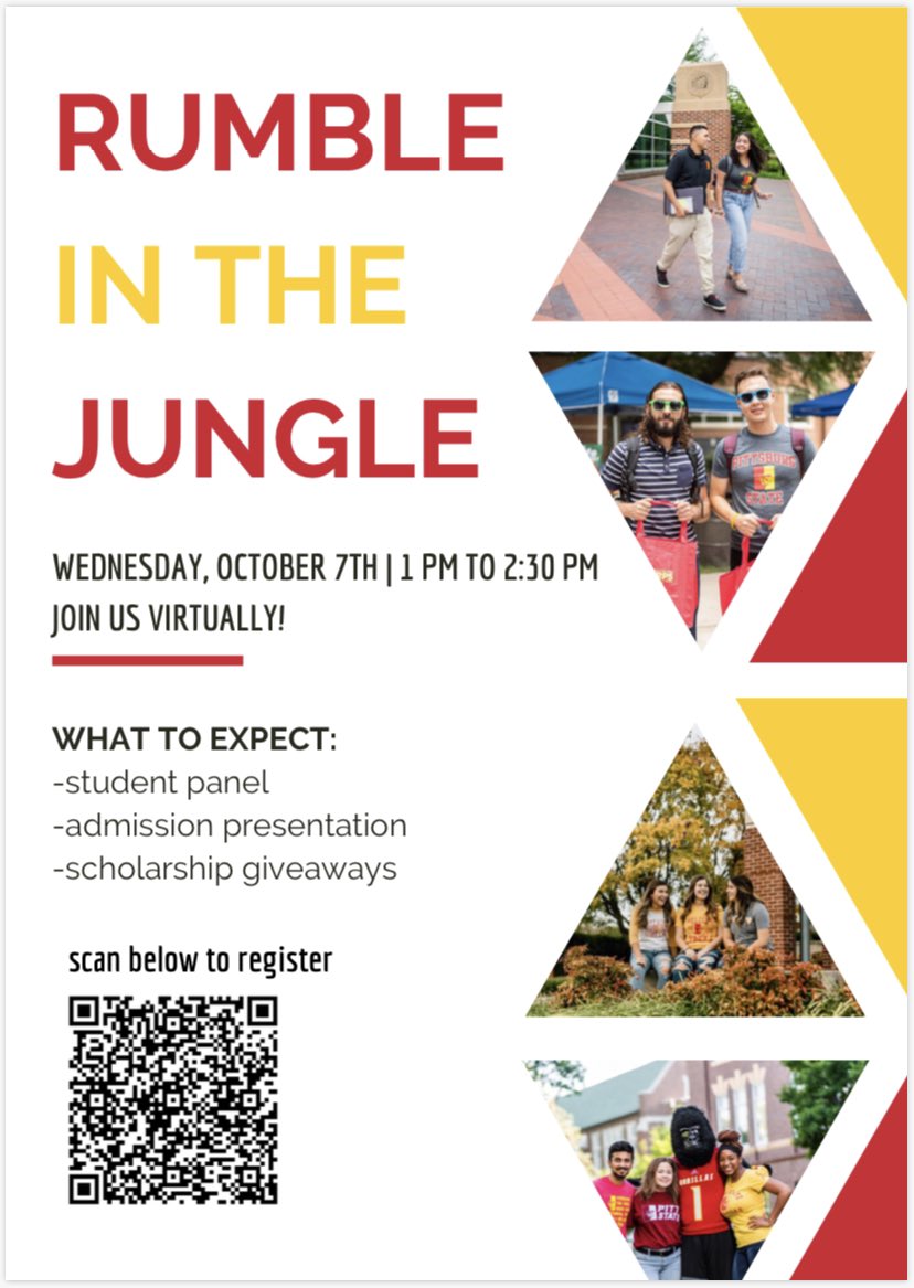 PittStateBrandi's tweet photo. Rumble in the Jungle is virtual this fall! Register to learn more about admission requirements, academic programs and student life! Register, attend &amp; stay for our scholarship giveaways! Questions? https://t.co/eWY1R3h1Yf https://t.co/ffOP9QH8Ed