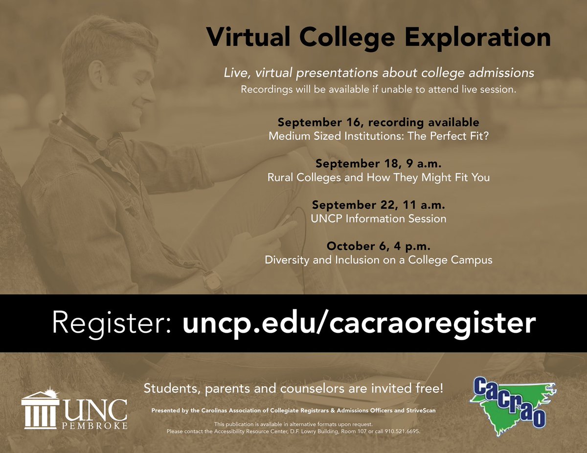 Register for a special information session tomorrow at 11:00 am! Can’t attend at that time? Go ahead and register to receive the video recording! uncp.edu/cacraoregister #bravenation #collegeexploration #findyourfit #choosetobebrave #UNCP #NCpromise