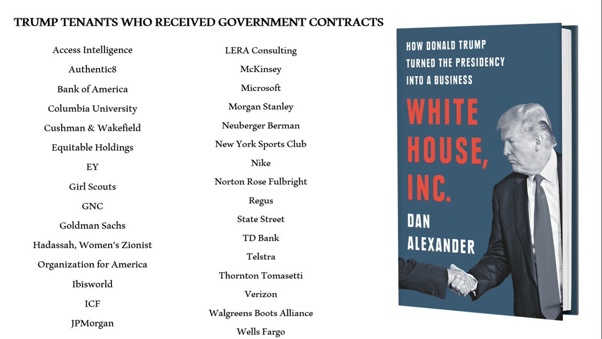 (3/6) At least 30 Trump tenants collected over $8 billion in federal government contracts from 2018 to 2019 alone, while paying rent to the president’s companies. Here they are.