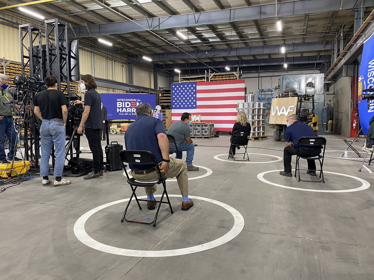 The socially-distanced press setup for Biden’s remarks. He’s touring the facility beforehand.